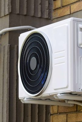 Air conditioner split external unit at building wall, selective focus
