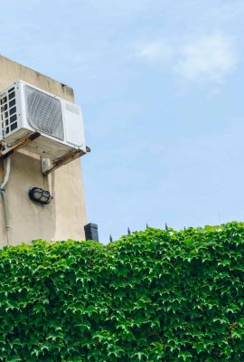 outdoor air conditioner unit in old house with tangled plant wall in foreground and clear blue sky in background, concept of conservation and climate change, copy space